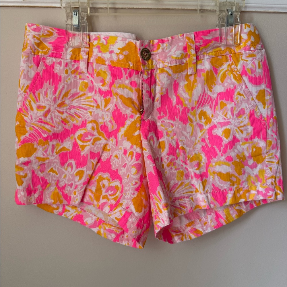 Lilly Pulitzer Pink and Orange Bermuda Shorts with Tropical Print